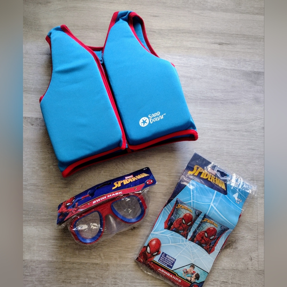 Sand Dollar Swim Blue and Red Kids Swim Vest with Spider-Man Goggles & Arm Bands